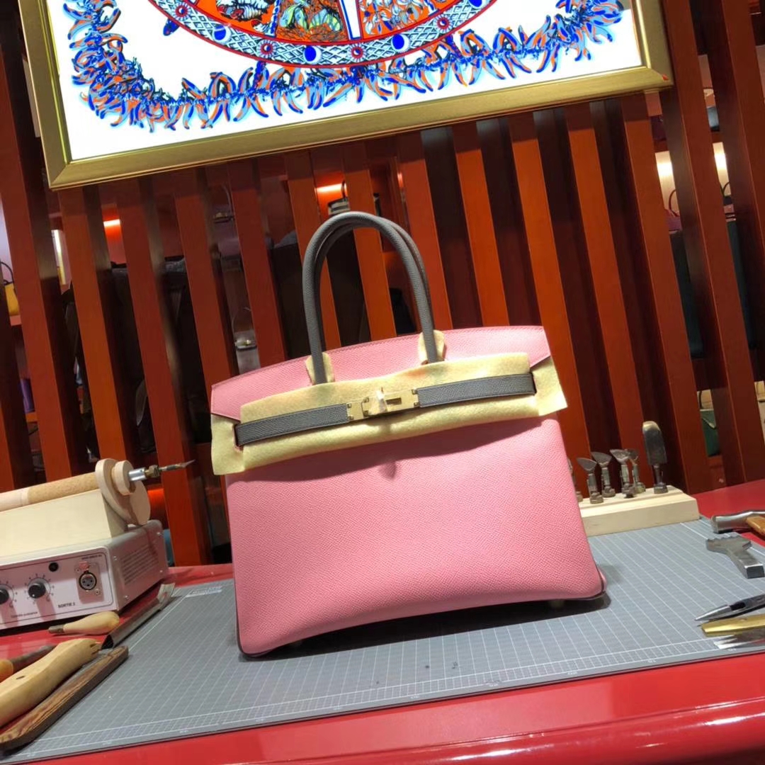 爱马仕拼色铂金包 Hermes Birkin30CM 奶昔粉拼铁灰色Epsom牛皮 金扣
