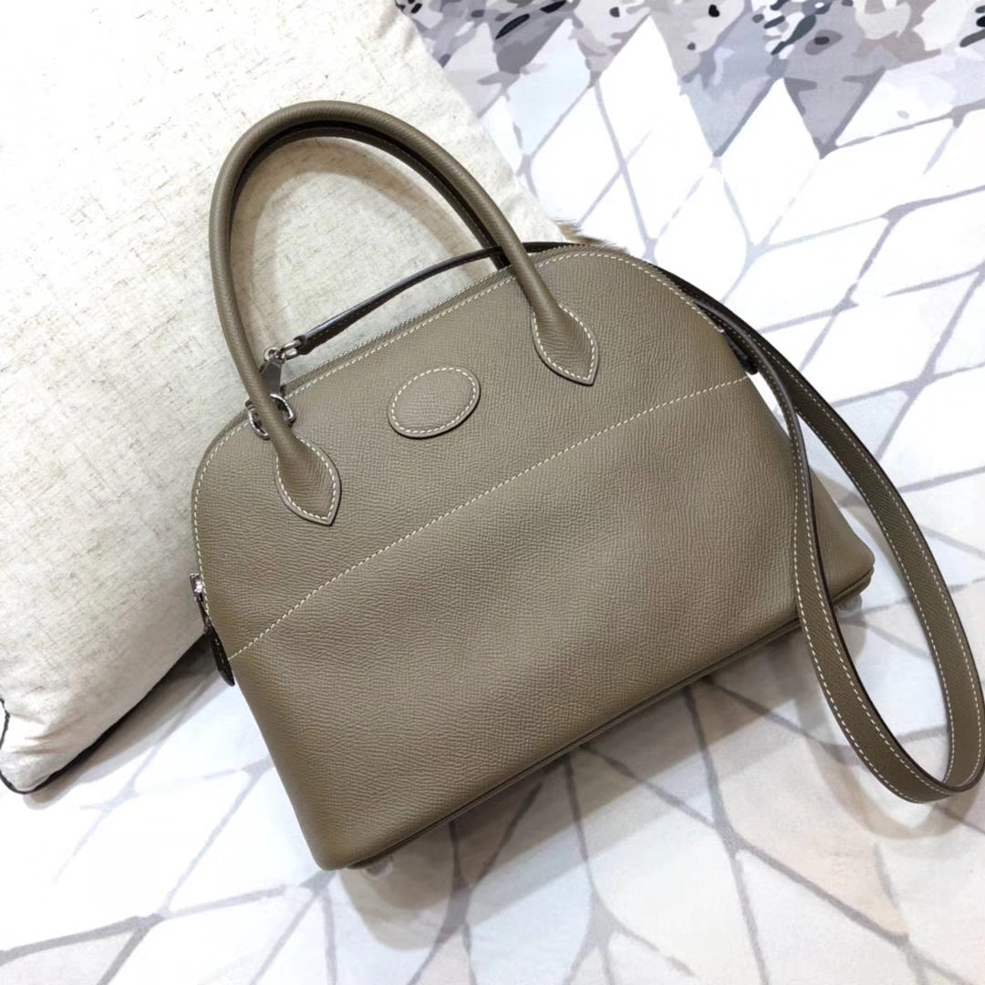 Hermes包包批发 爱马仕大象灰顶级Epsom牛皮保龄球包Bolide27CM 银扣