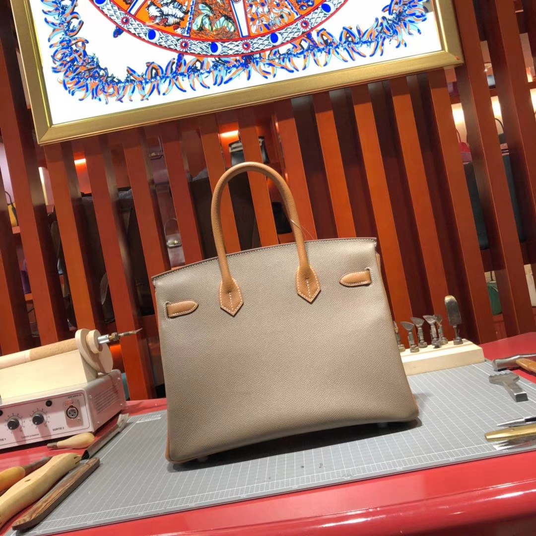 爱马仕Birkin包包 Hermes大象灰拼土黄色拼色铂金包Birkin30CM 银扣