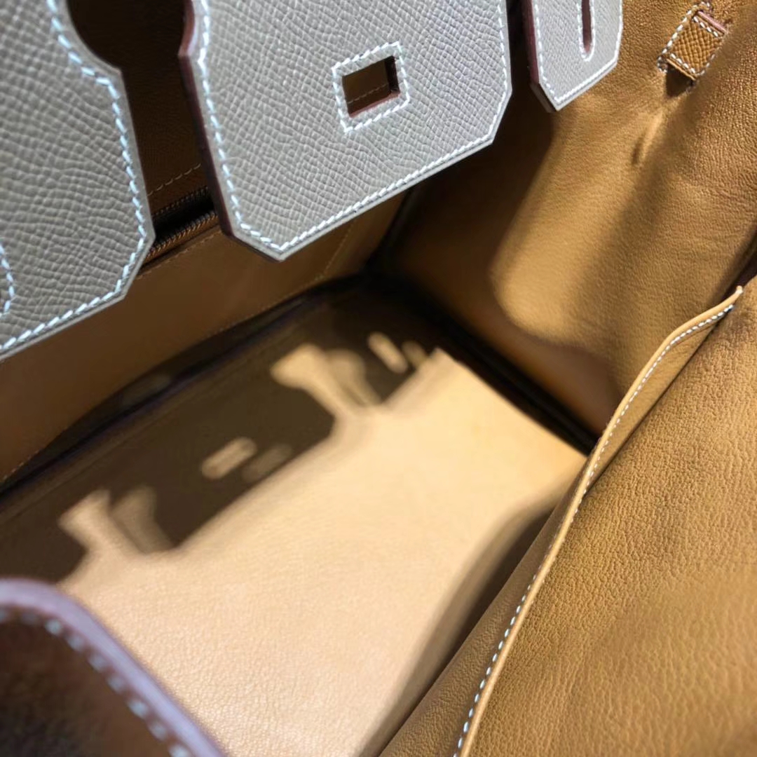 爱马仕Birkin包包 Hermes大象灰拼土黄色拼色铂金包Birkin30CM 银扣