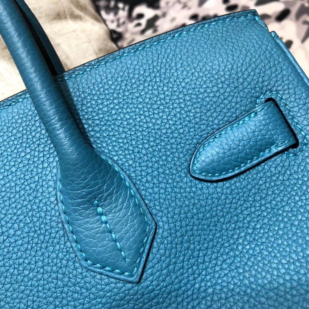 Hermes Birkin30CM 爱马仕松石蓝原厂Togo小牛皮铂金包 银扣