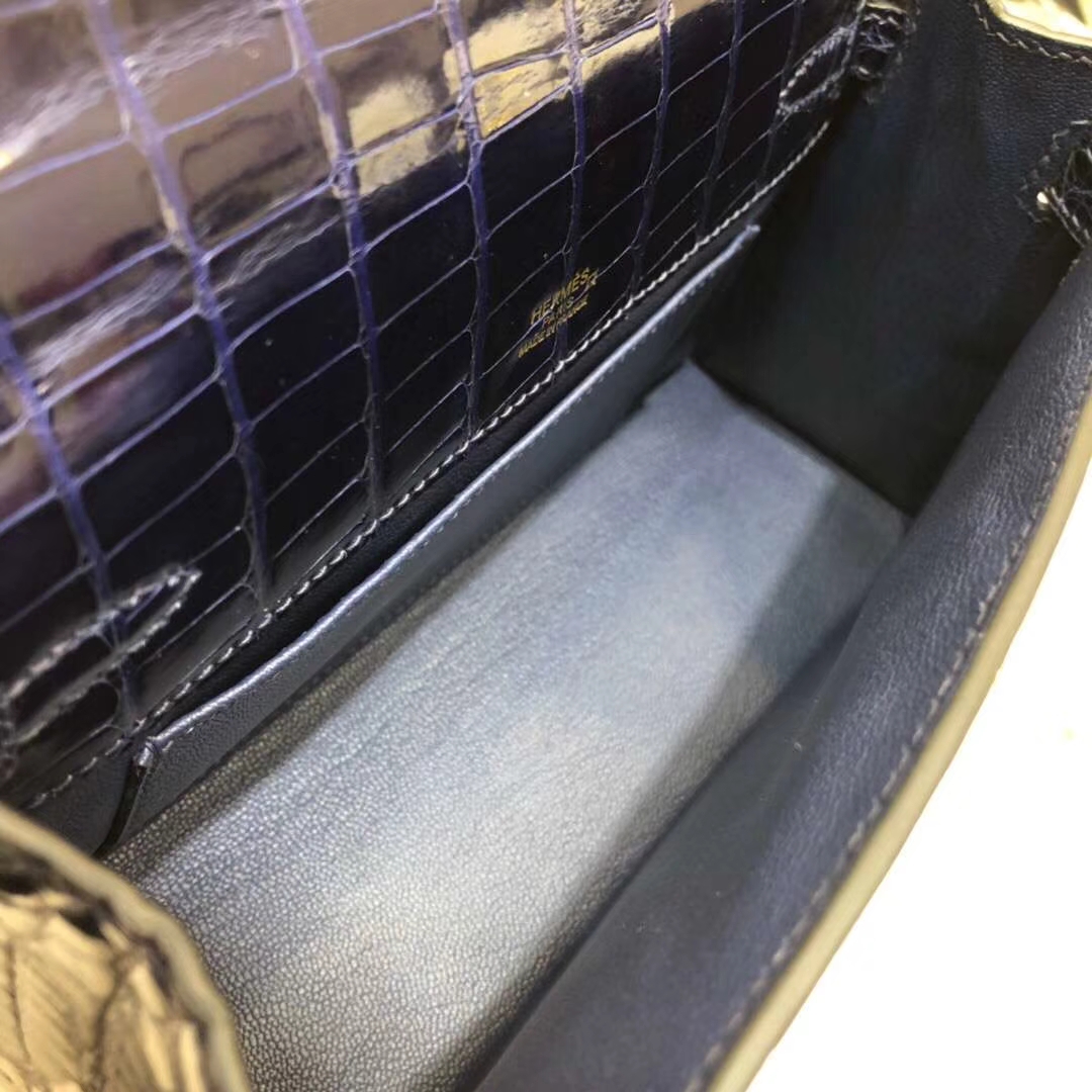 Hermes包包官网 爱马仕宝石蓝美洲鳄鱼皮迷你凯莉包Minikelly手包22CM 金扣