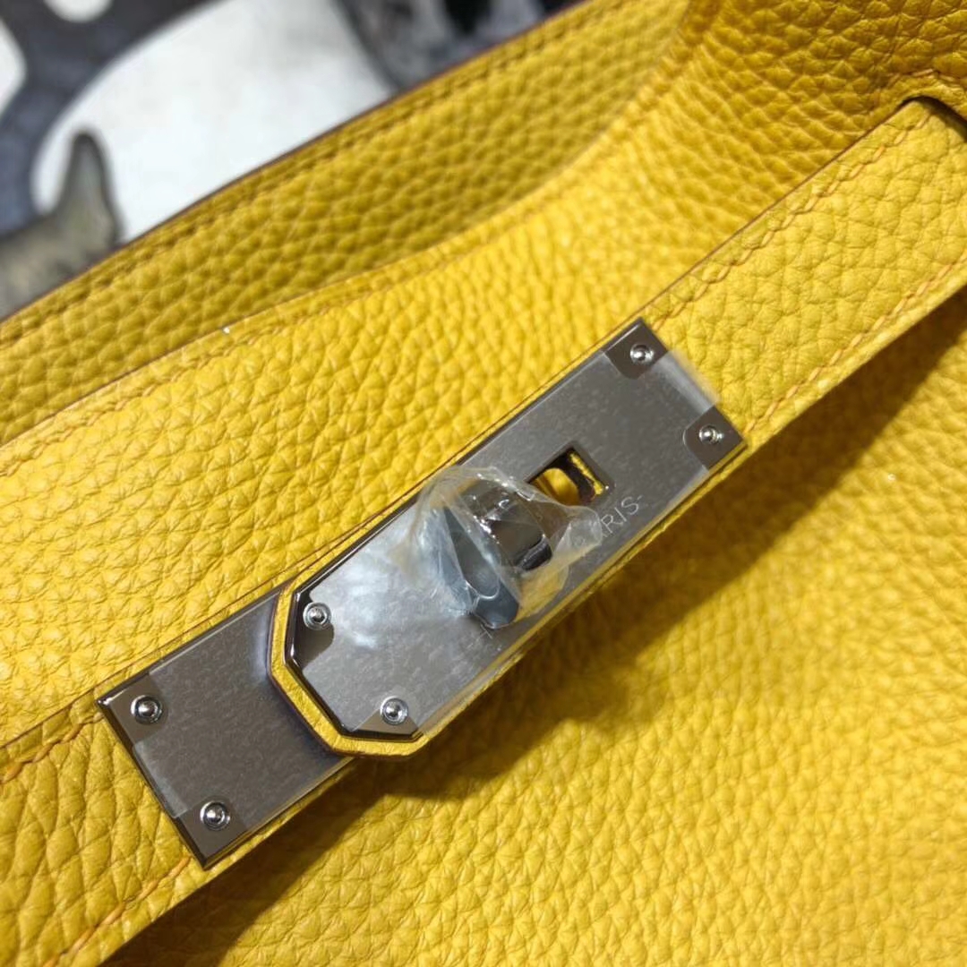 爱马仕新款单肩包 Hermes So Kelly22CM 9D琥珀黄TC牛皮 银扣