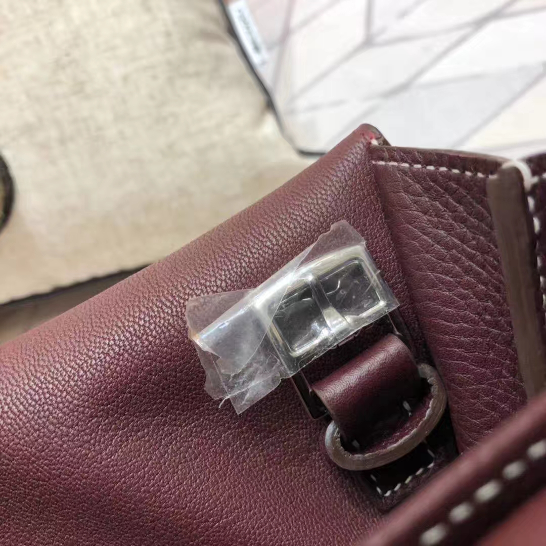 Hermes Halzan31CM 爱马仕波尔多酒红原厂Clemence牛皮手提包 银扣