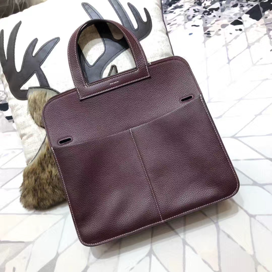 Hermes Halzan31CM 爱马仕波尔多酒红原厂Clemence牛皮手提包 银扣