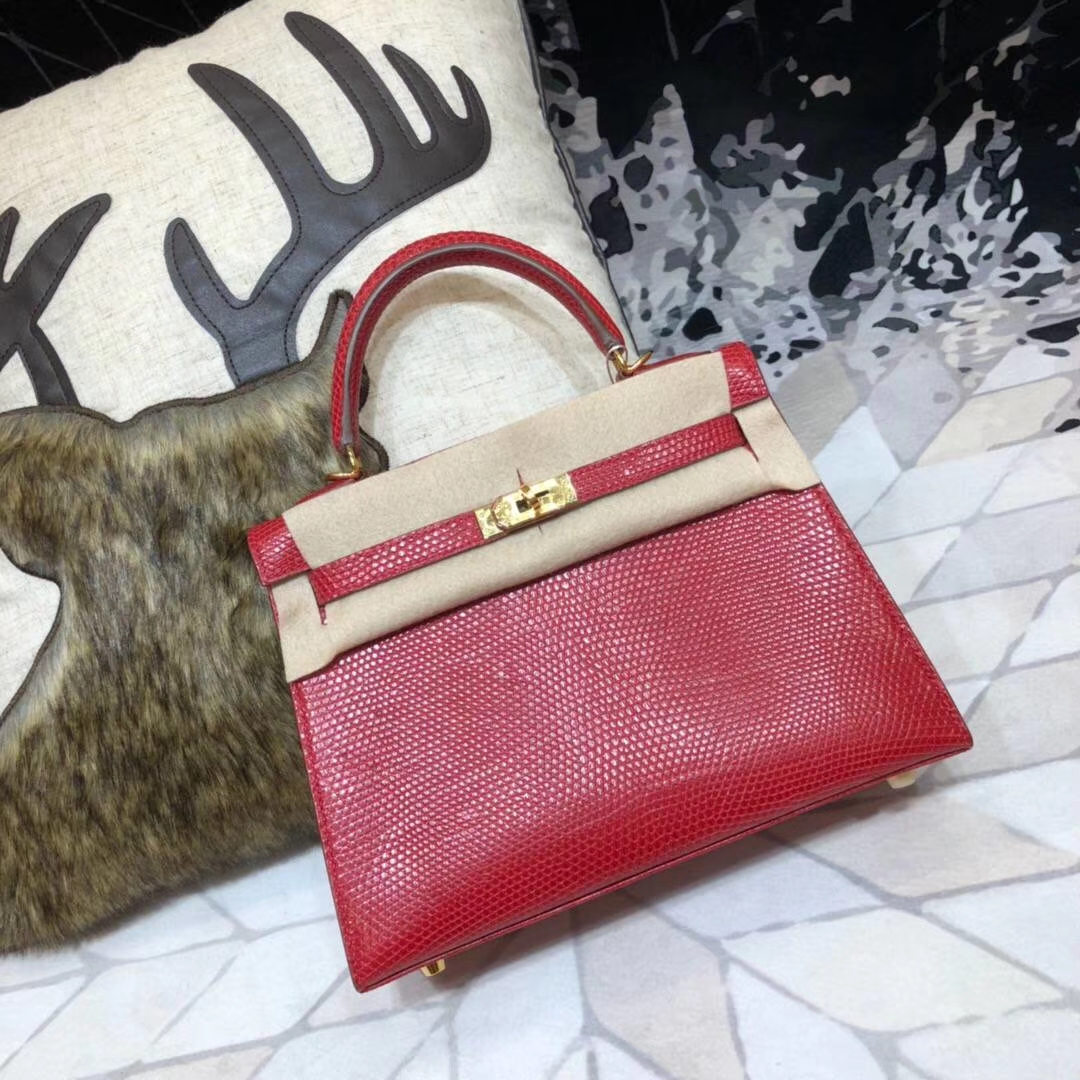 Hermes Kelly25CM 爱马仕大红色原厂蜥蜴皮外缝凯莉包 金扣