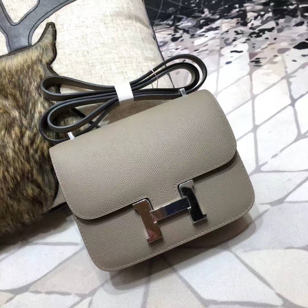 Hermes Constance19CM 爱马仕原厂掌纹牛皮空姐包斜挎女包 沥青灰