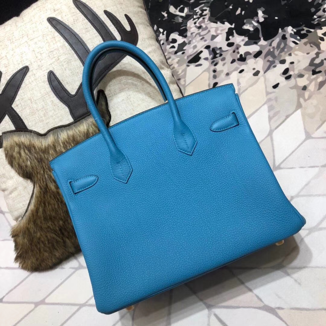爱马仕女包价格 Hermes Birkin30CM 松石蓝原厂Togo牛皮铂金包 金扣
