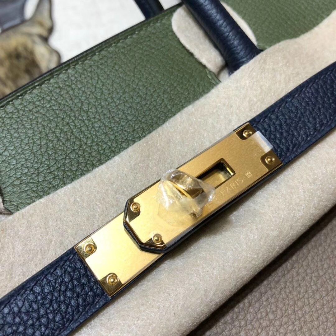 爱马仕拼色铂金包 Hermes Birkin30CM 大象灰拼丛林绿拼宝石蓝 金扣