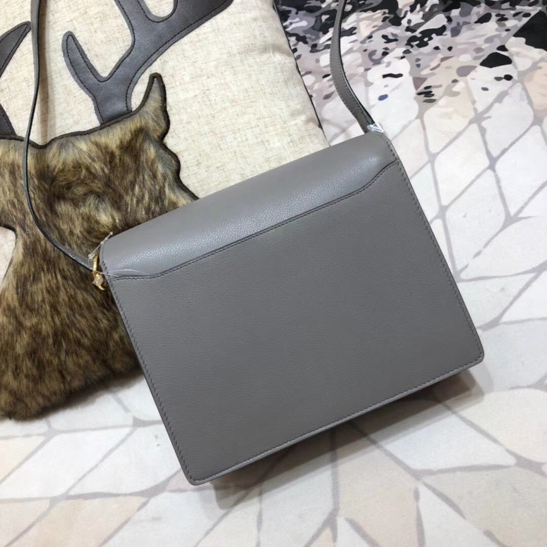 爱马仕猪鼻子包 Hermes Roulis24CM 锡器灰原厂Eve牛皮单肩女包 金扣