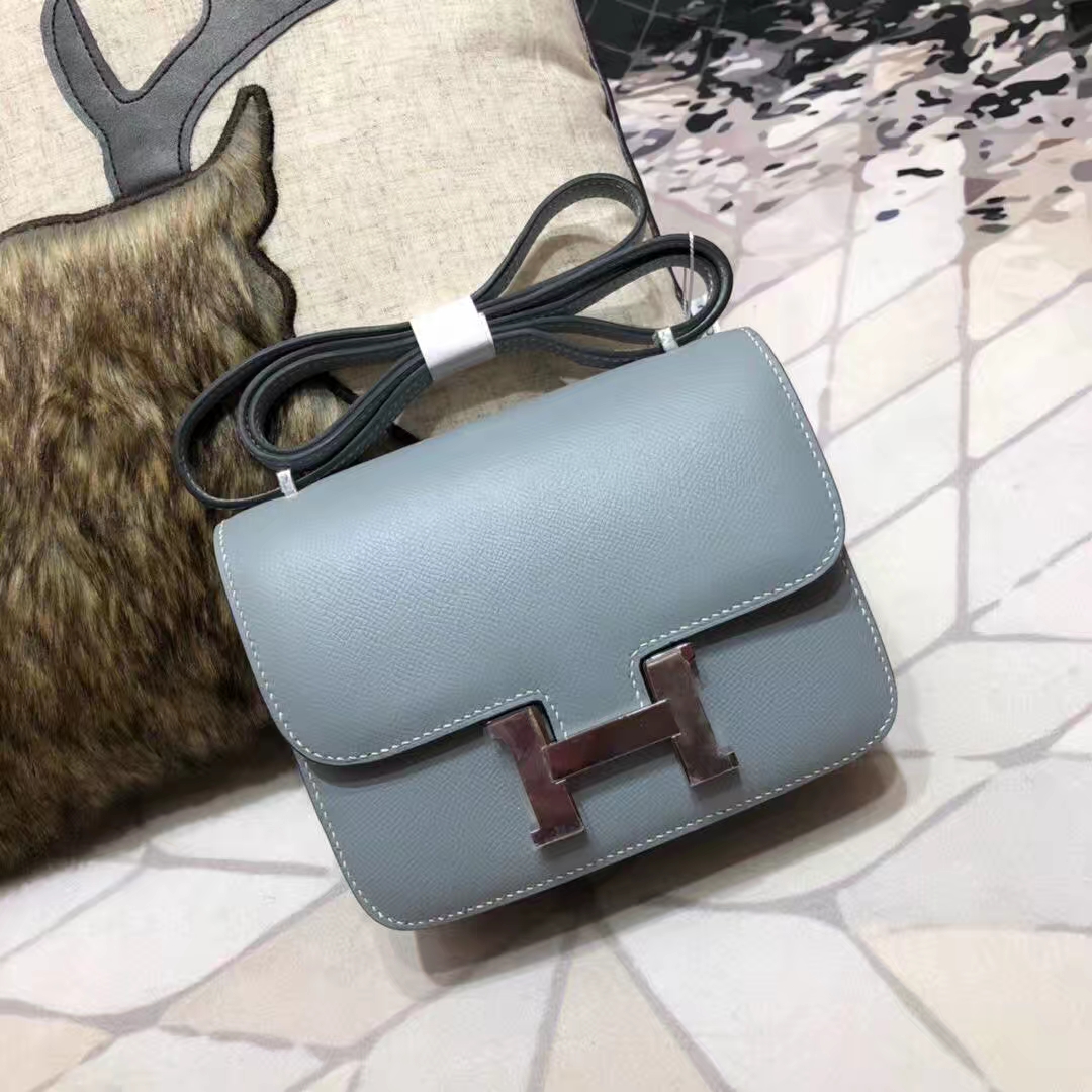 Hermes Constance19CM 爱马仕亚麻蓝原厂Epsom牛皮康斯坦包 银扣