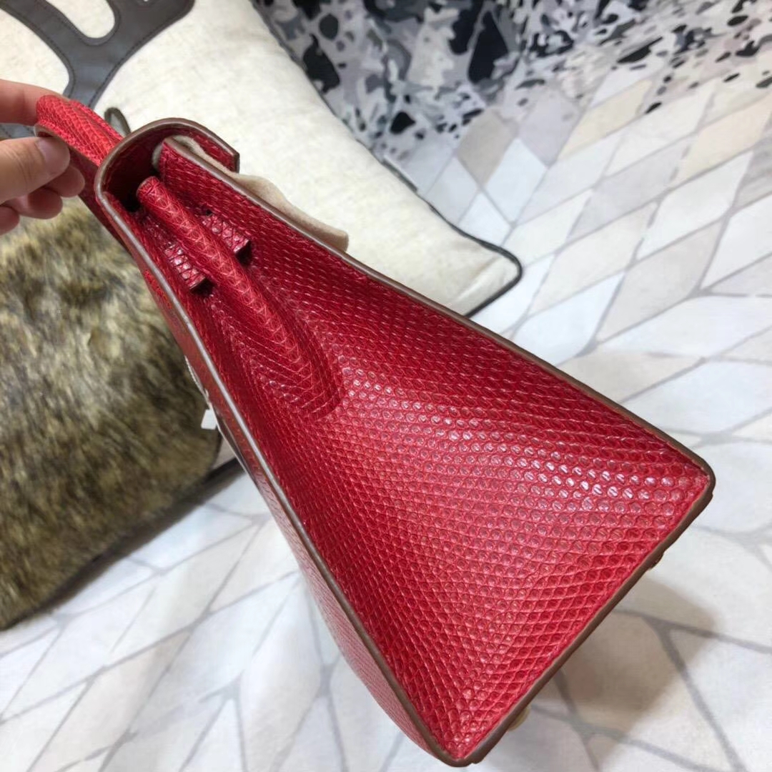 Hermes Kelly25CM 爱马仕大红色原厂蜥蜴皮外缝凯莉包 金扣