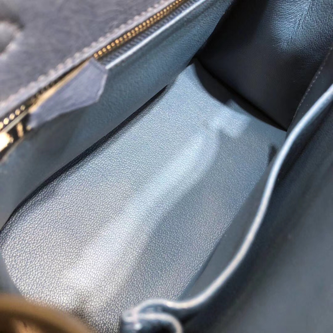 Hermes Kelly25CM 爱马仕玛瑙蓝南非鸵鸟皮外缝凯莉包 金扣/银扣