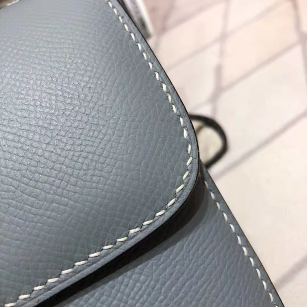 Hermes Constance19CM 爱马仕亚麻蓝原厂Epsom牛皮康斯坦包 银扣