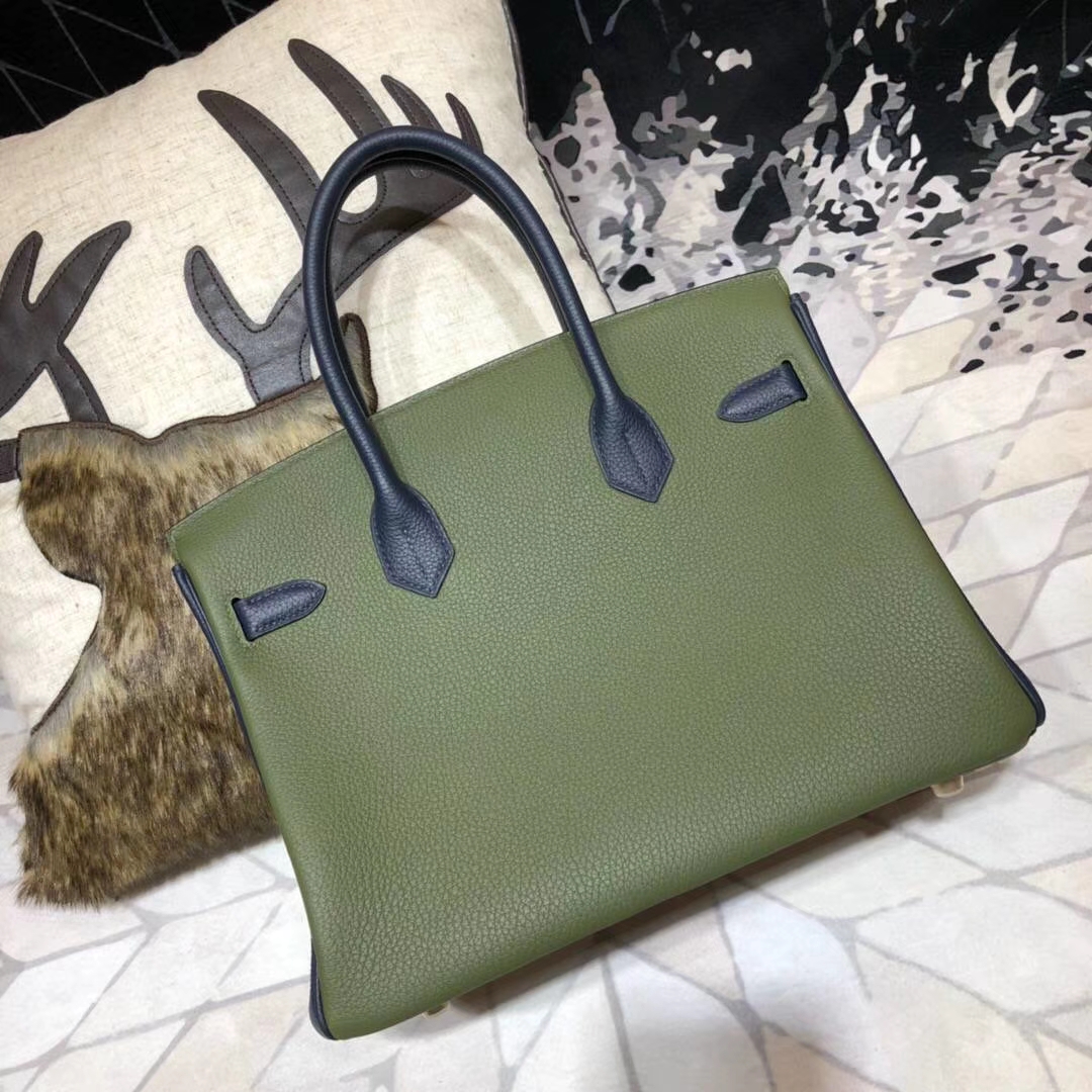 爱马仕拼色铂金包 Hermes Birkin30CM 大象灰拼丛林绿拼宝石蓝 金扣