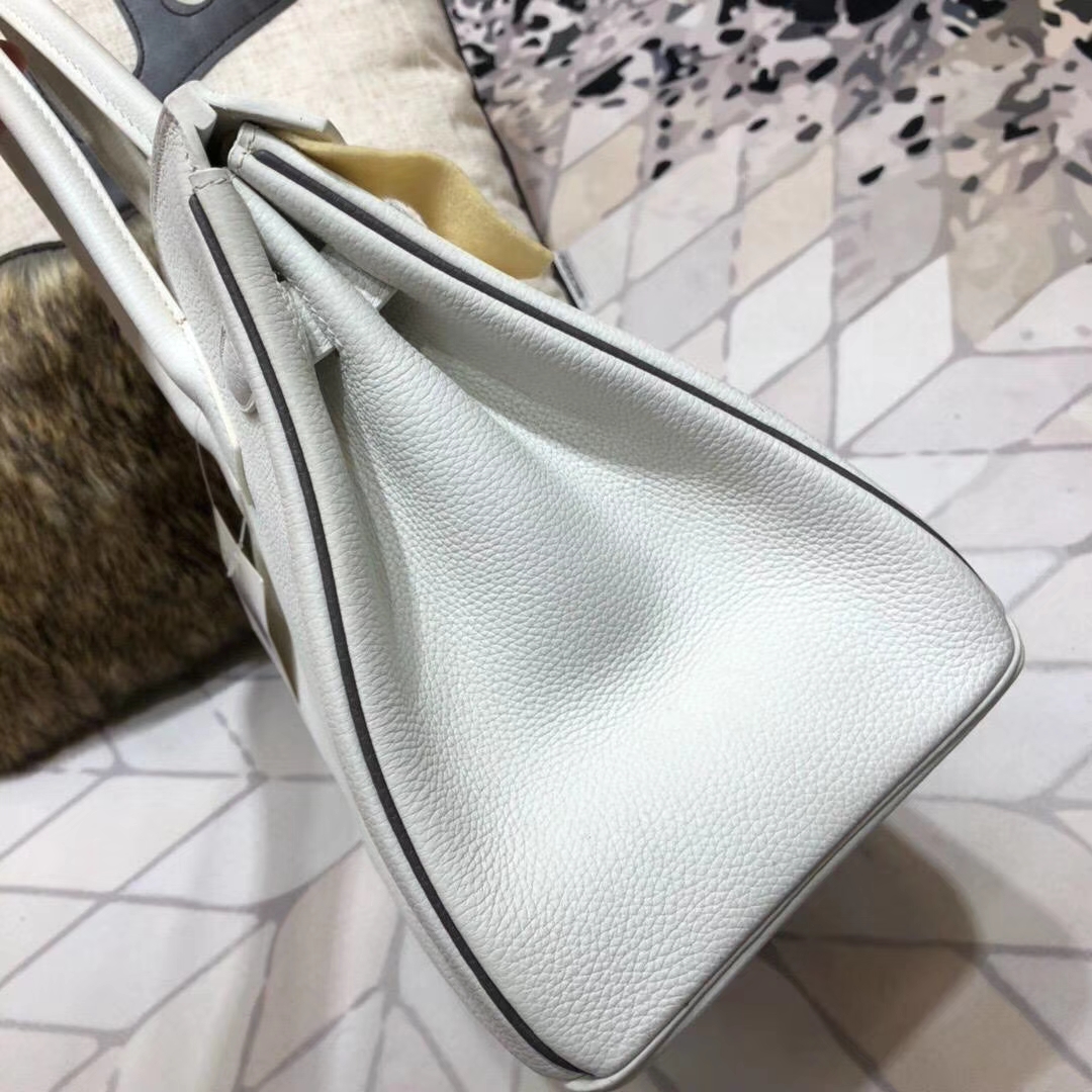爱马仕拼色铂金包 Hermes纯白拼黑色原厂Togo小牛皮Birkin30CM 银扣