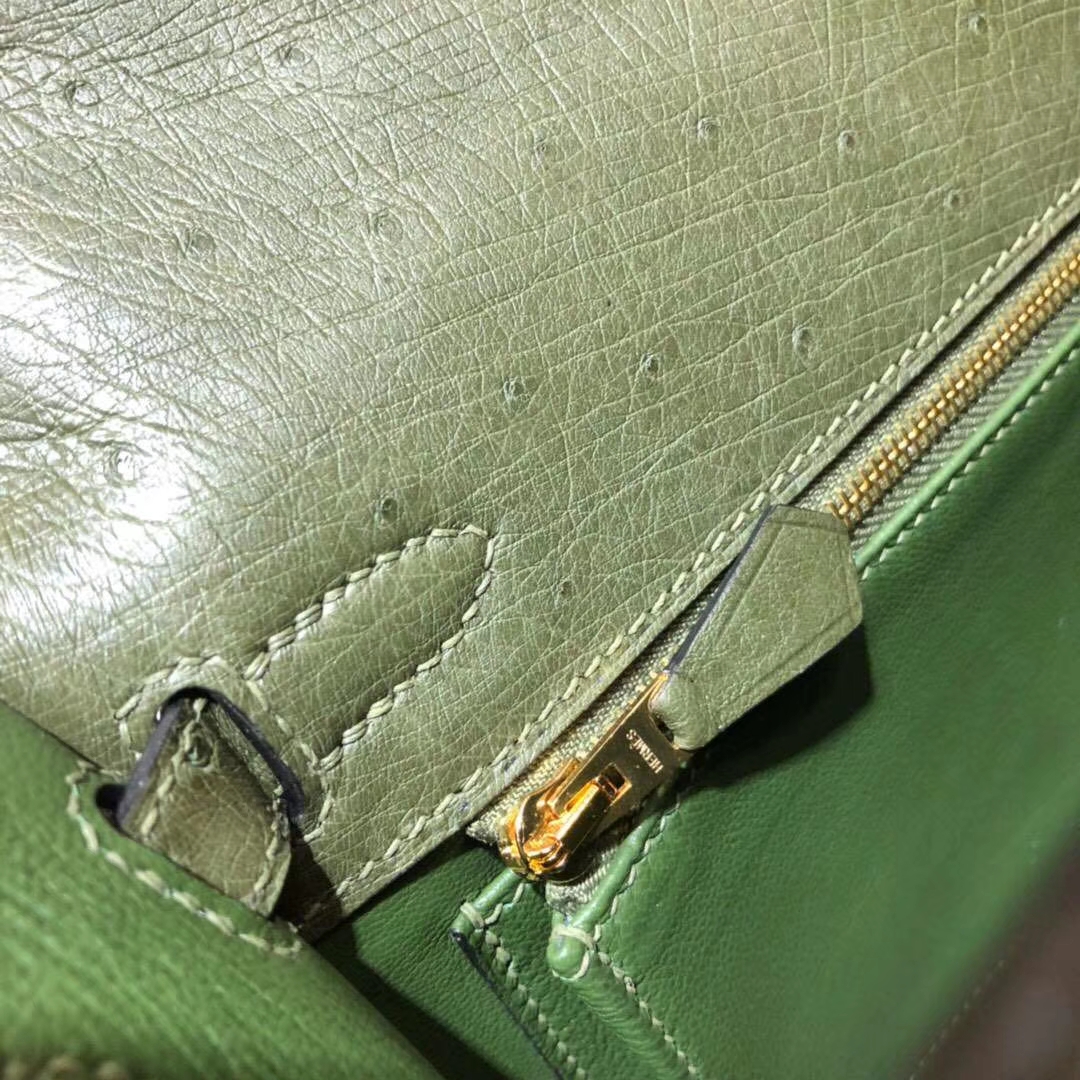 Hermes Kelly25CM 爱马仕V6丛林绿南非鸵鸟皮凯莉包 金扣