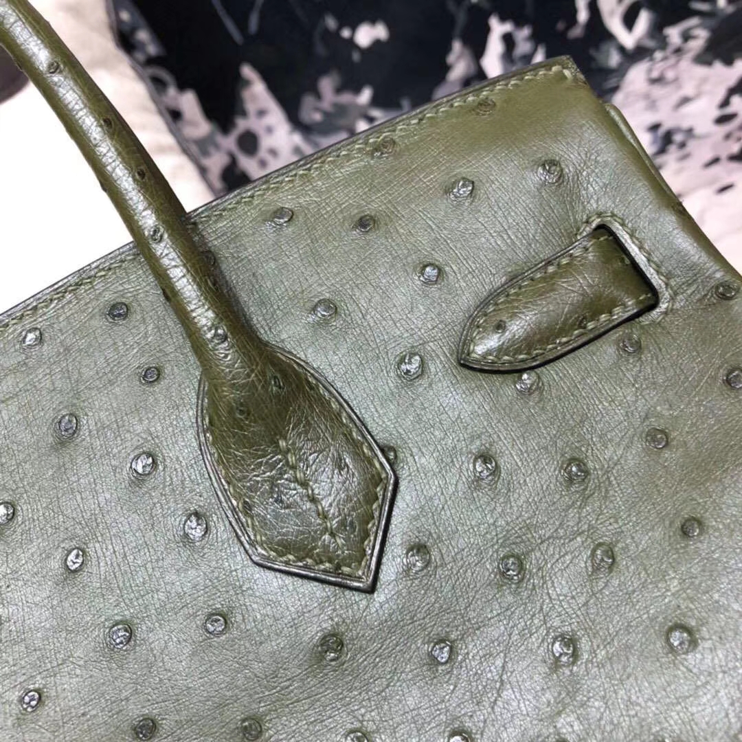 Hermes Birkin30CM 爱马仕V6丛林绿南非鸵鸟皮铂金包 金扣