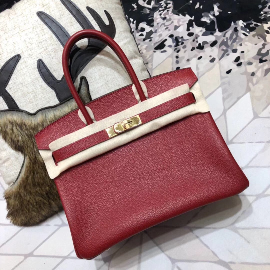 Hermes包包官网 爱马仕原厂Togo小牛皮Birkin30铂金包 爱马仕红 金扣