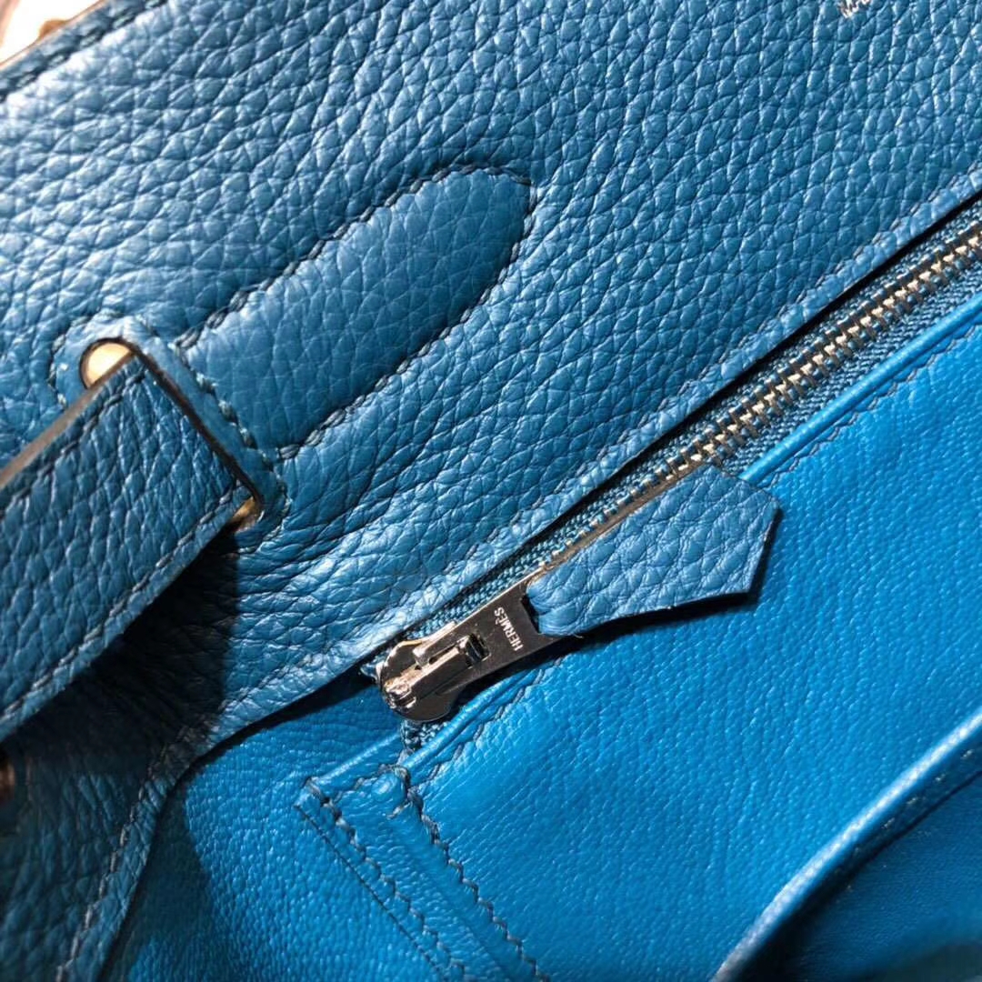 爱马仕水桶包价格 Hermes So Kelly22CM 加利西亚蓝进口TC牛皮 银扣