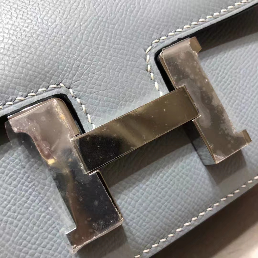 Hermes Constance19CM 爱马仕亚麻蓝原厂Epsom牛皮康斯坦包 银扣