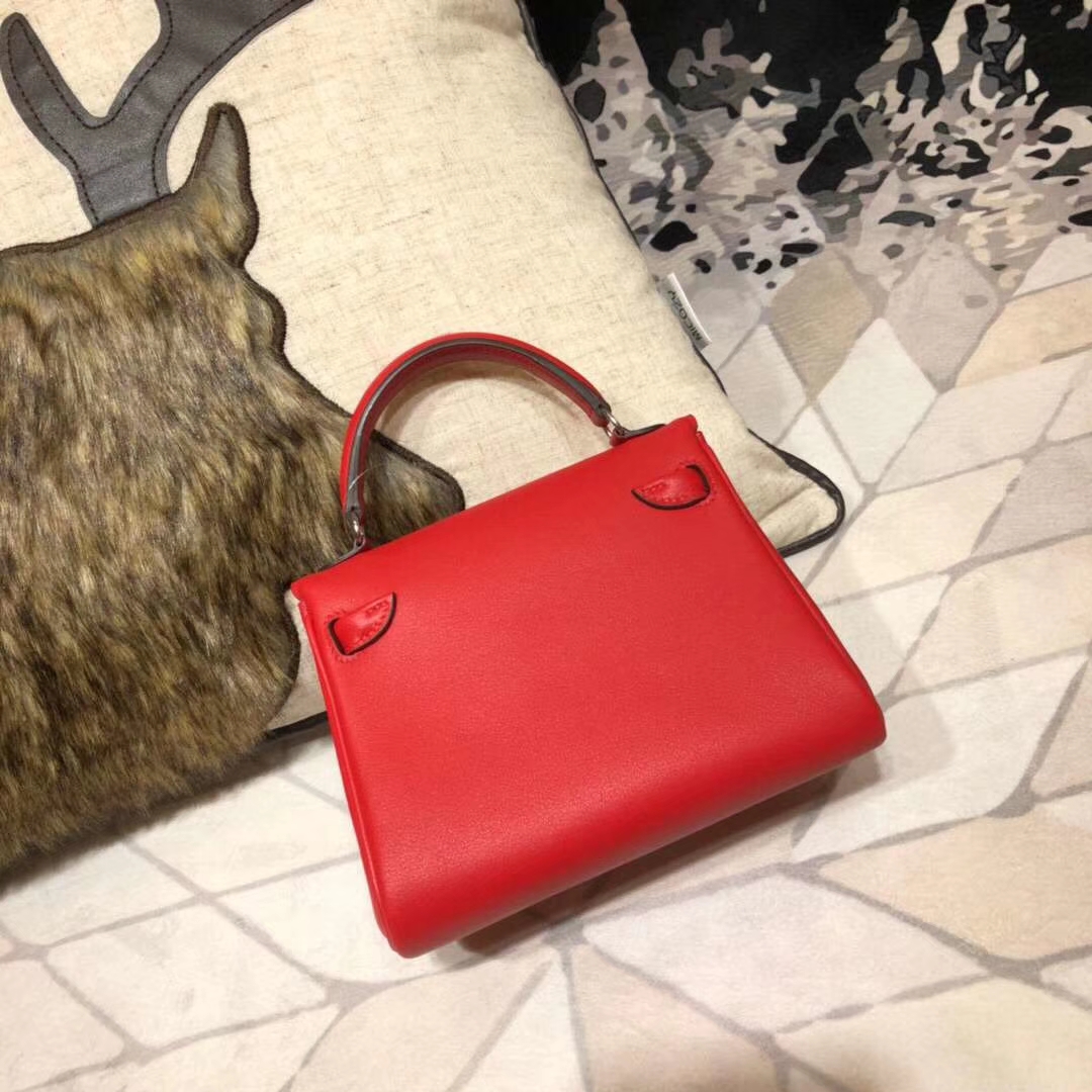 Hermes Kelly Doll 爱马仕新款女包 大红色拼黄色Swift牛皮凯莉娃娃包 银扣