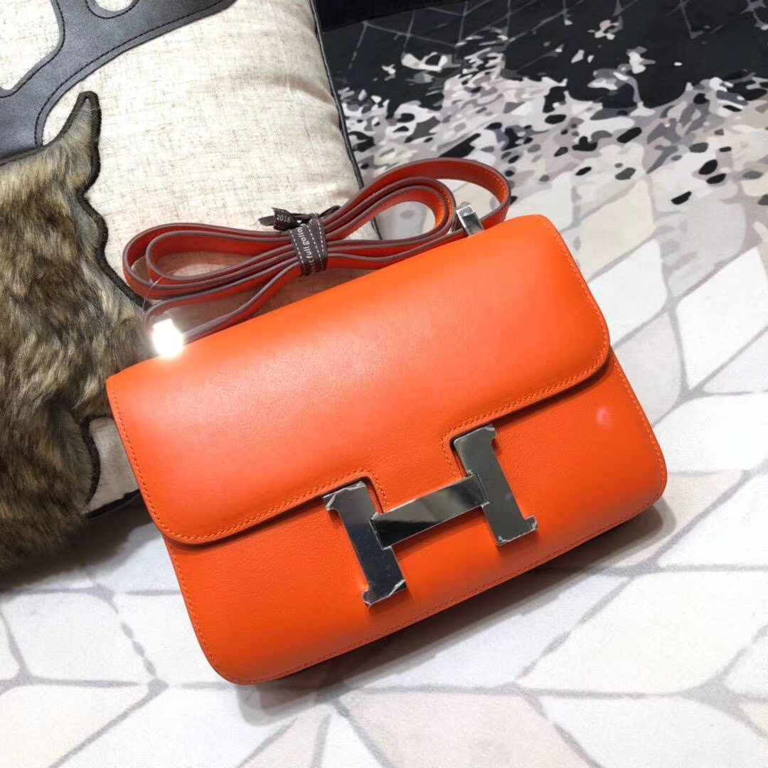 爱马仕空姐包尺寸 Hermes Constance23CM CC93橙色原厂Swift牛皮 银扣