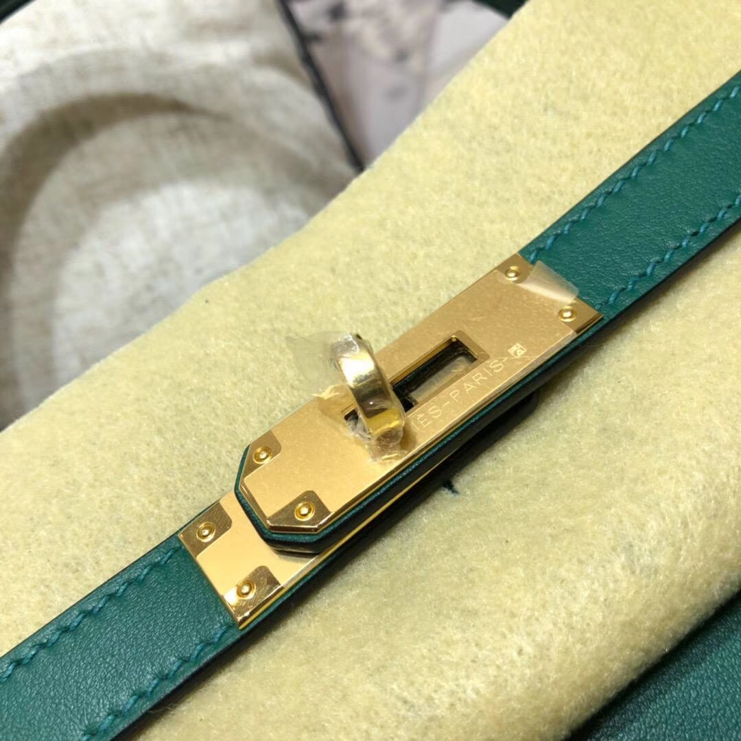 Hermes Kelly32CM 爱马仕Z6孔雀绿原厂Swift牛皮内缝凯莉包 金扣