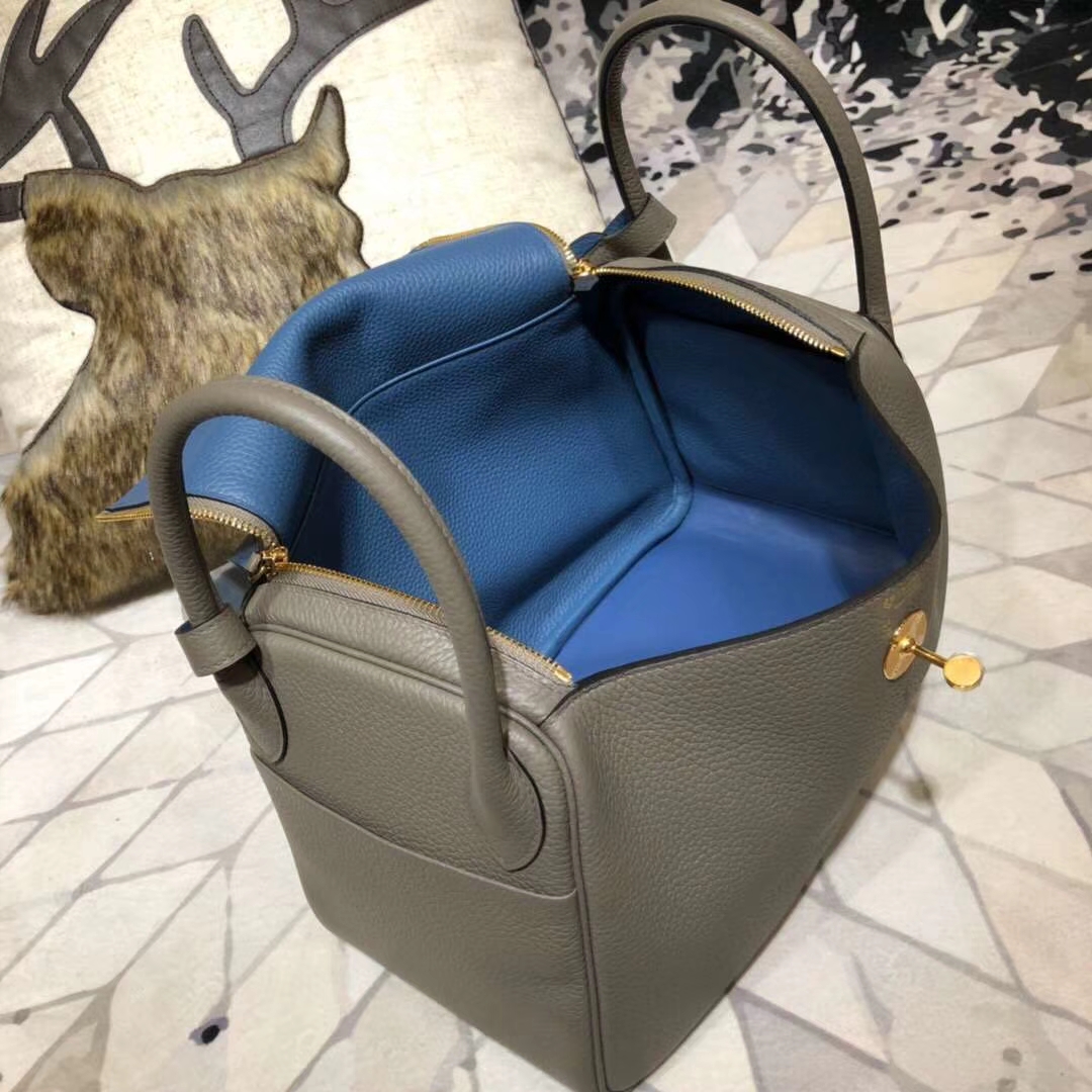 爱马仕拼色琳迪包 Hermes Lindy30CM 锡器灰拼玛瑙蓝原厂TC牛皮 金扣