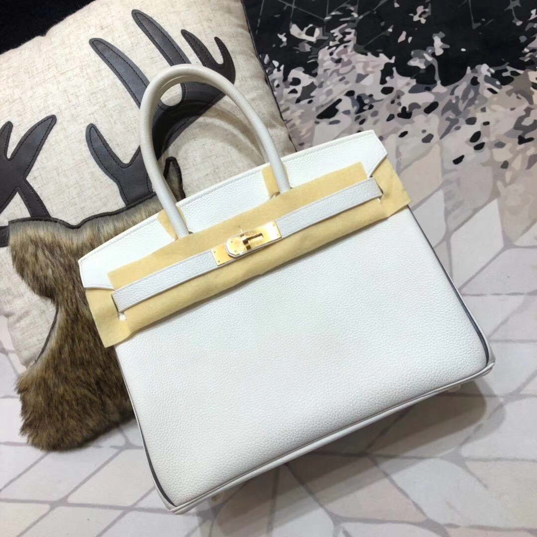 爱马仕拼色铂金包 Hermes纯白拼黑色原厂Togo小牛皮Birkin30CM 银扣