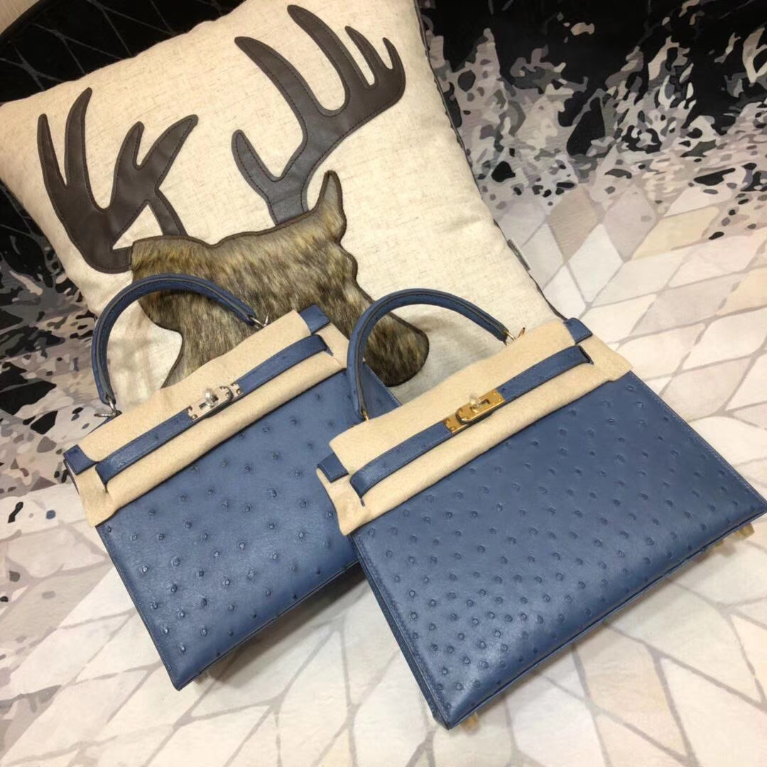 Hermes Kelly25CM 爱马仕玛瑙蓝南非鸵鸟皮外缝凯莉包 金扣/银扣