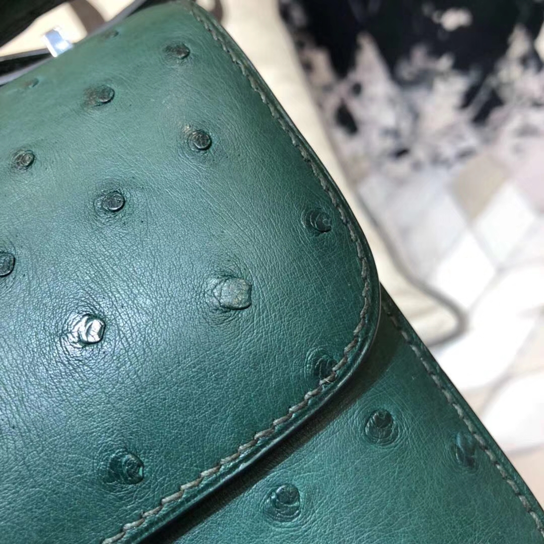 Hermes Constance19CM 爱马仕孔雀绿南非鸵鸟皮康斯坦包空姐包 银扣