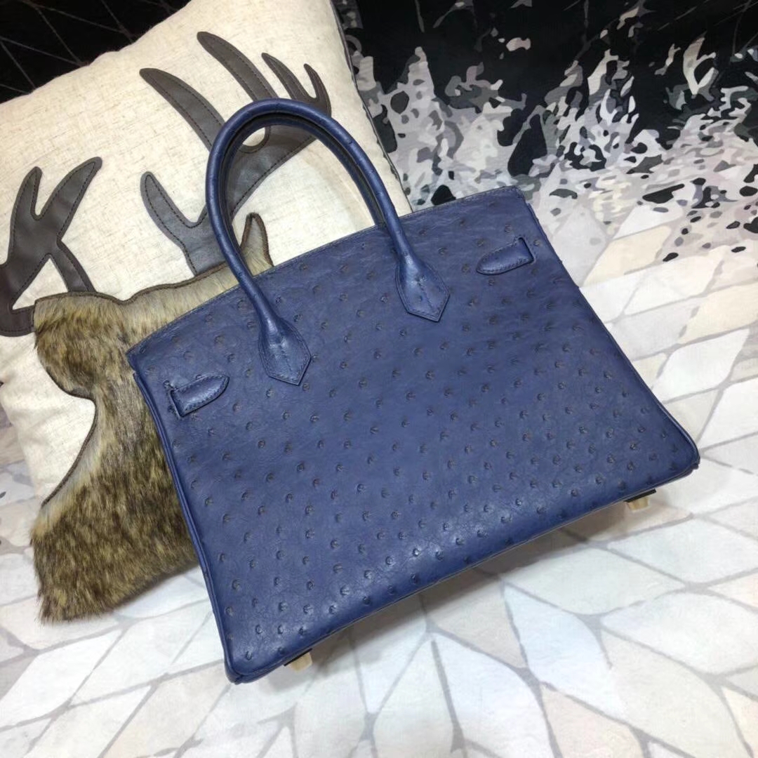 Hermes包包官网 爱马仕宝石蓝南非鸵鸟皮Birkin25CM铂金包 金扣