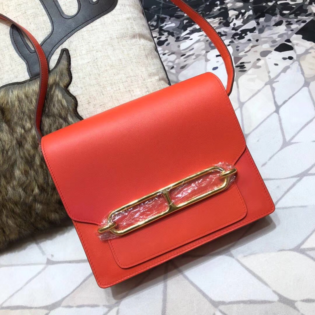 爱马仕猪鼻子包 Hermes Roulis24CM 火焰橙原厂Swift牛皮 金扣