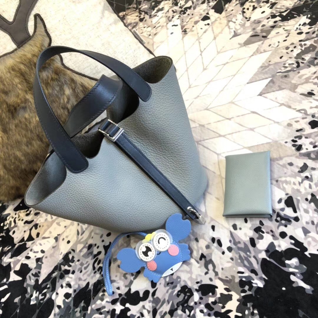 Hermes Picotin18CM 爱马仕顶级Clemence牛皮拼色水桶包 银扣