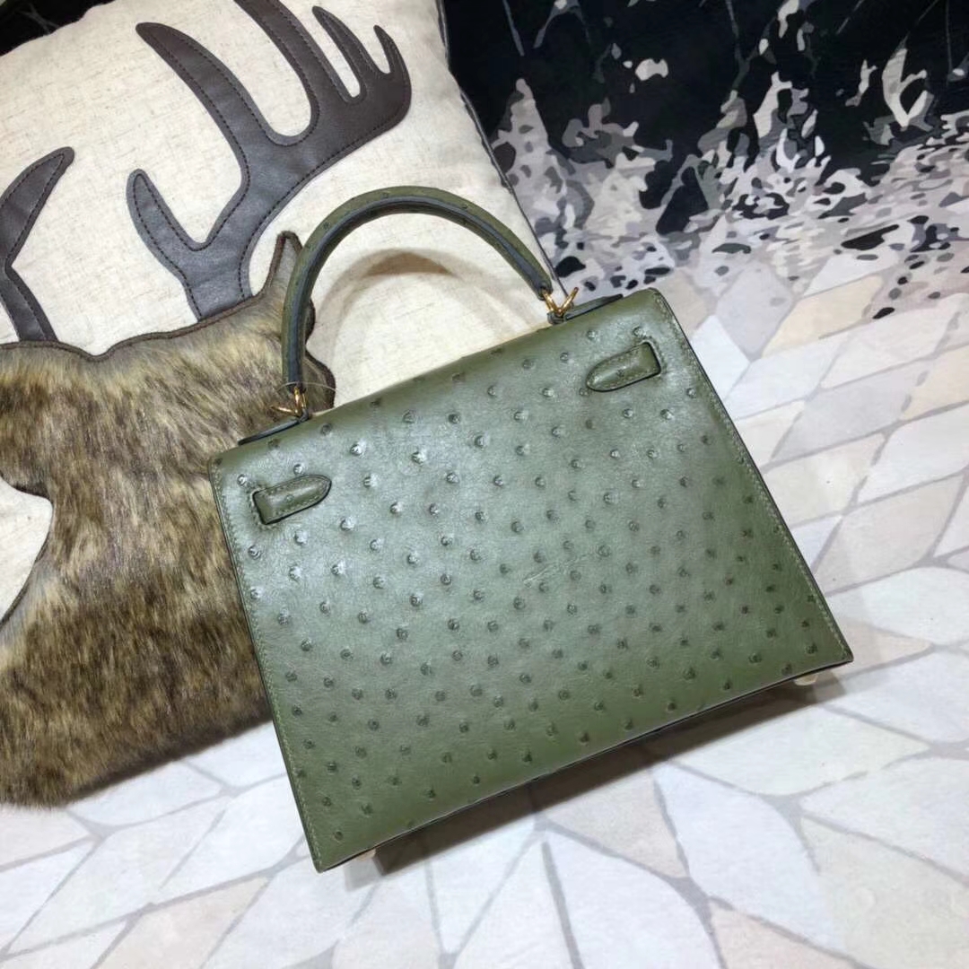Hermes Kelly25CM 爱马仕V6丛林绿南非鸵鸟皮凯莉包 金扣