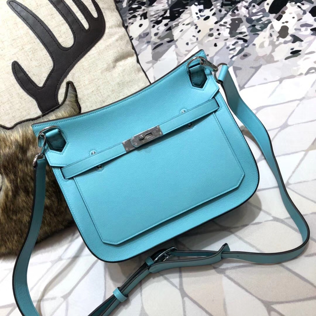 Hermes Jypsiere 爱马仕马卡龙蓝原厂Swift牛皮男女同用单肩斜挎包