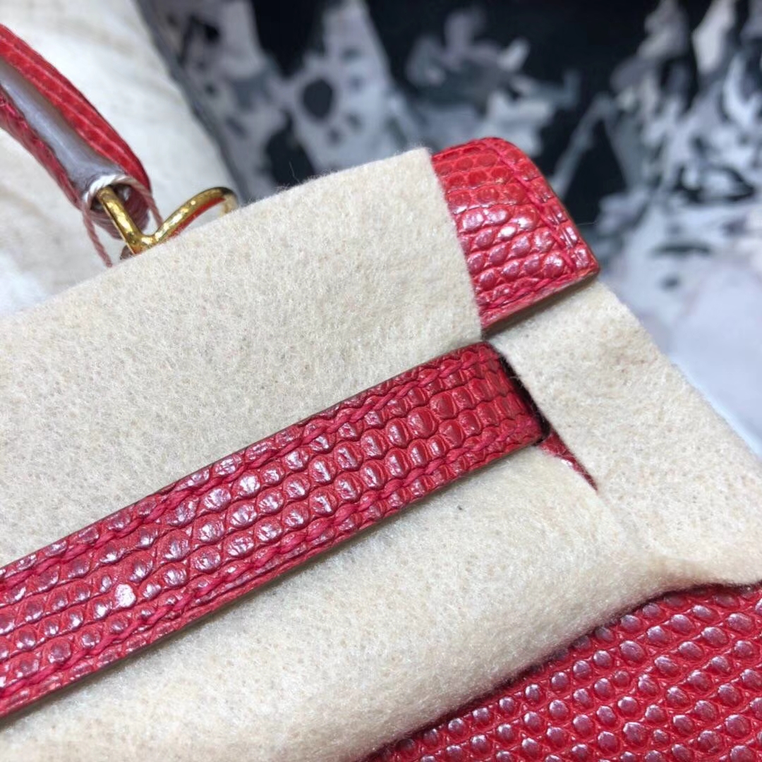 Hermes Kelly25CM 爱马仕大红色原厂蜥蜴皮外缝凯莉包 金扣