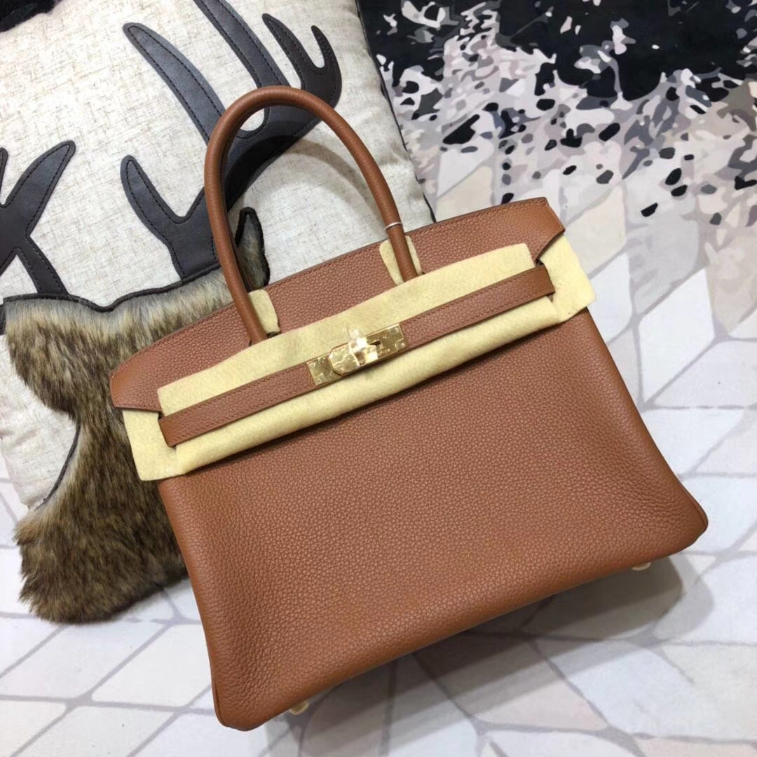 爱马仕Birkin包包 Hermes土黄色原厂Togo小牛皮铂金包30CM  金扣
