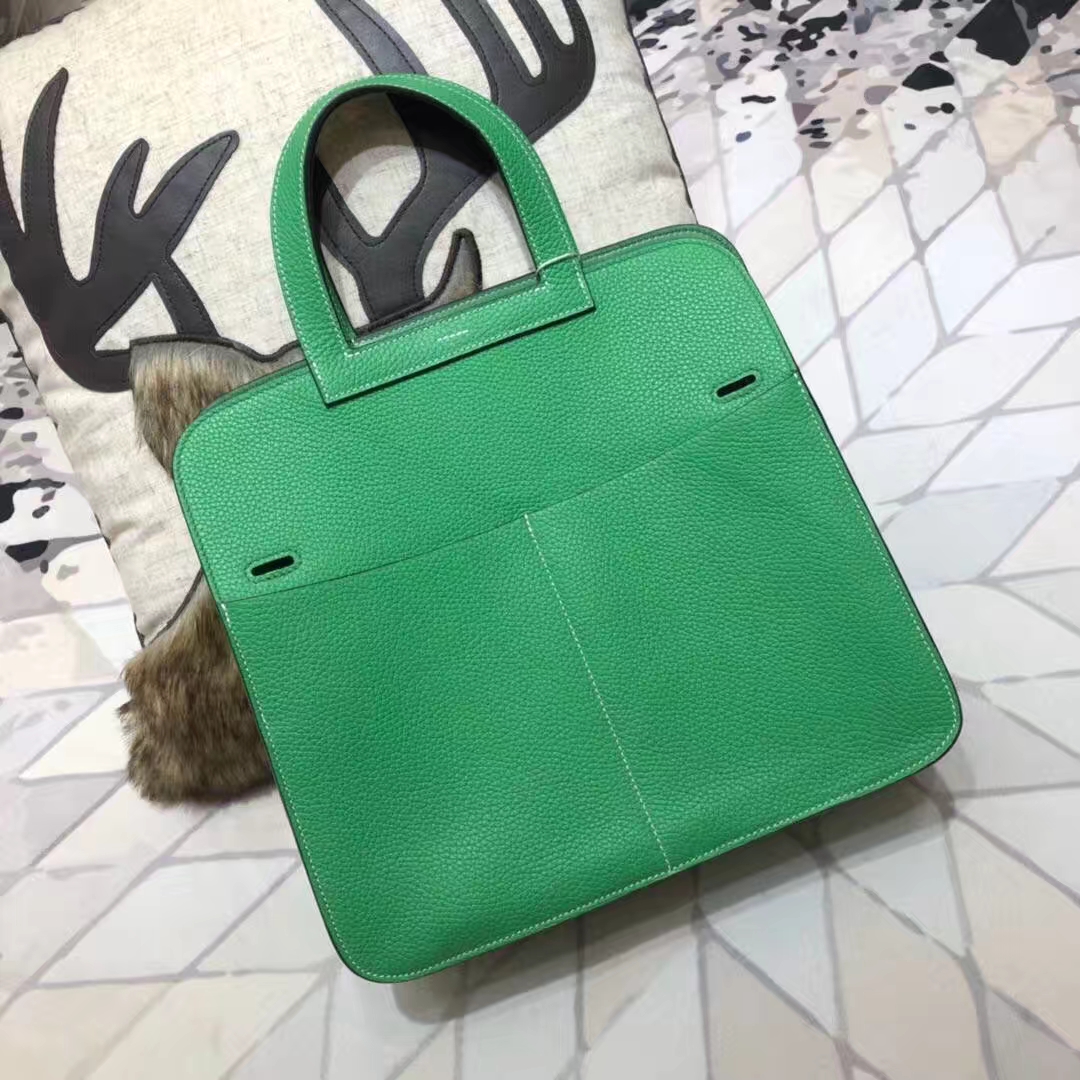 爱马仕新款女包 Hermes Halzan31CM 1K竹子绿原厂Clemence牛皮 银扣