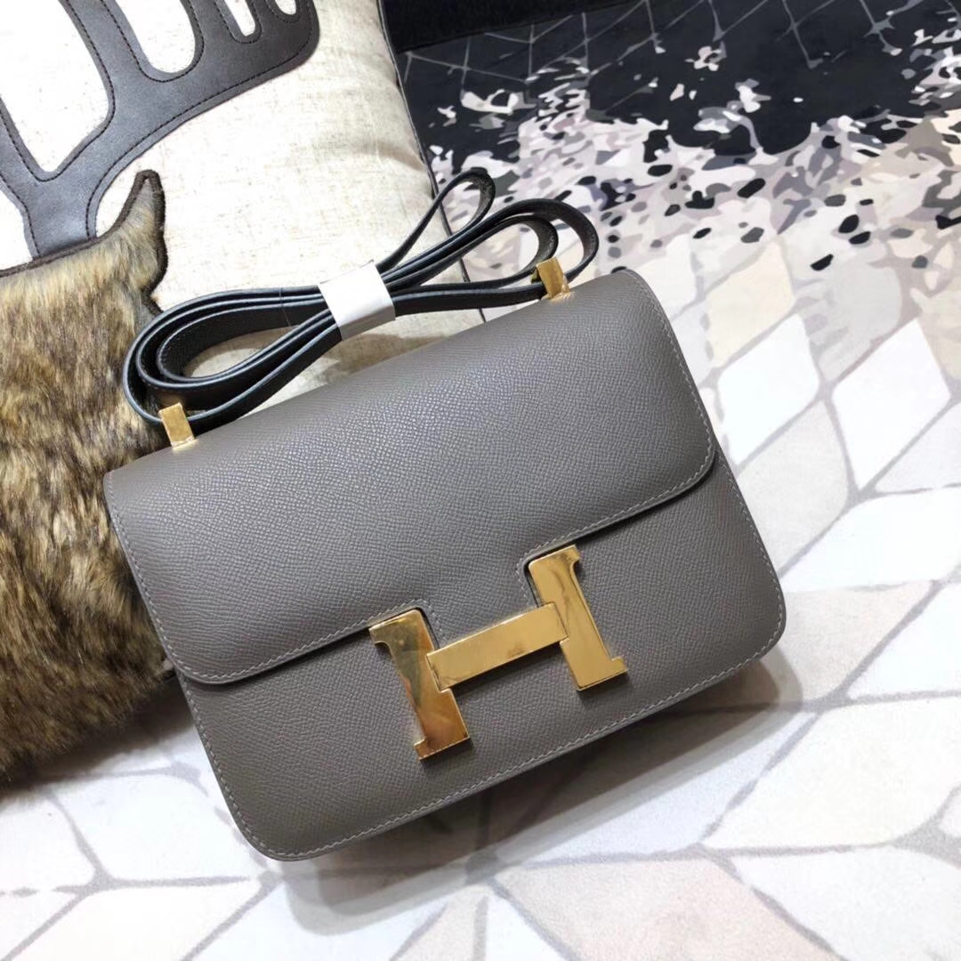 Hermes Constance23CM 爱马仕8F锡器灰原厂Epsom牛皮空姐包 金扣