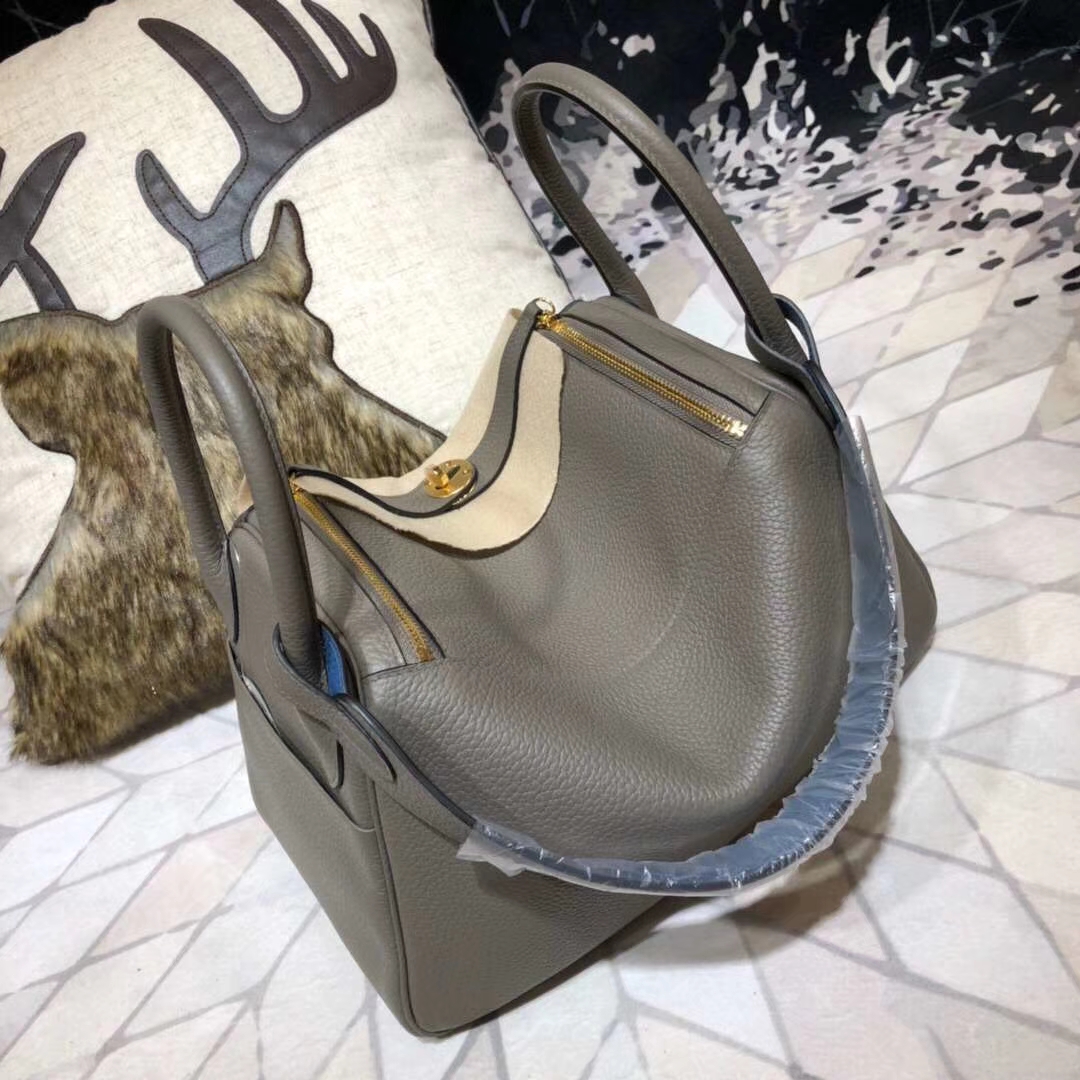 爱马仕拼色琳迪包 Hermes Lindy30CM 锡器灰拼玛瑙蓝原厂TC牛皮 金扣