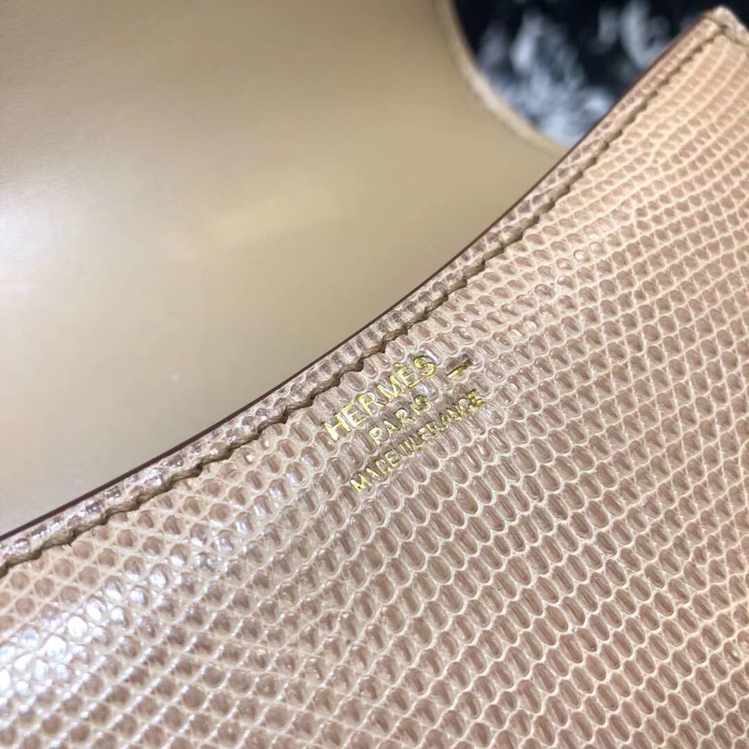 爱马仕空姐包价格 Hermes Constance19CM 杏色蜥蜴背皮康斯坦包 金扣