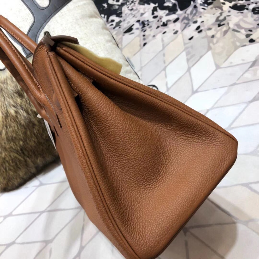 爱马仕Birkin包包 Hermes土黄色原厂Togo小牛皮铂金包30CM  金扣