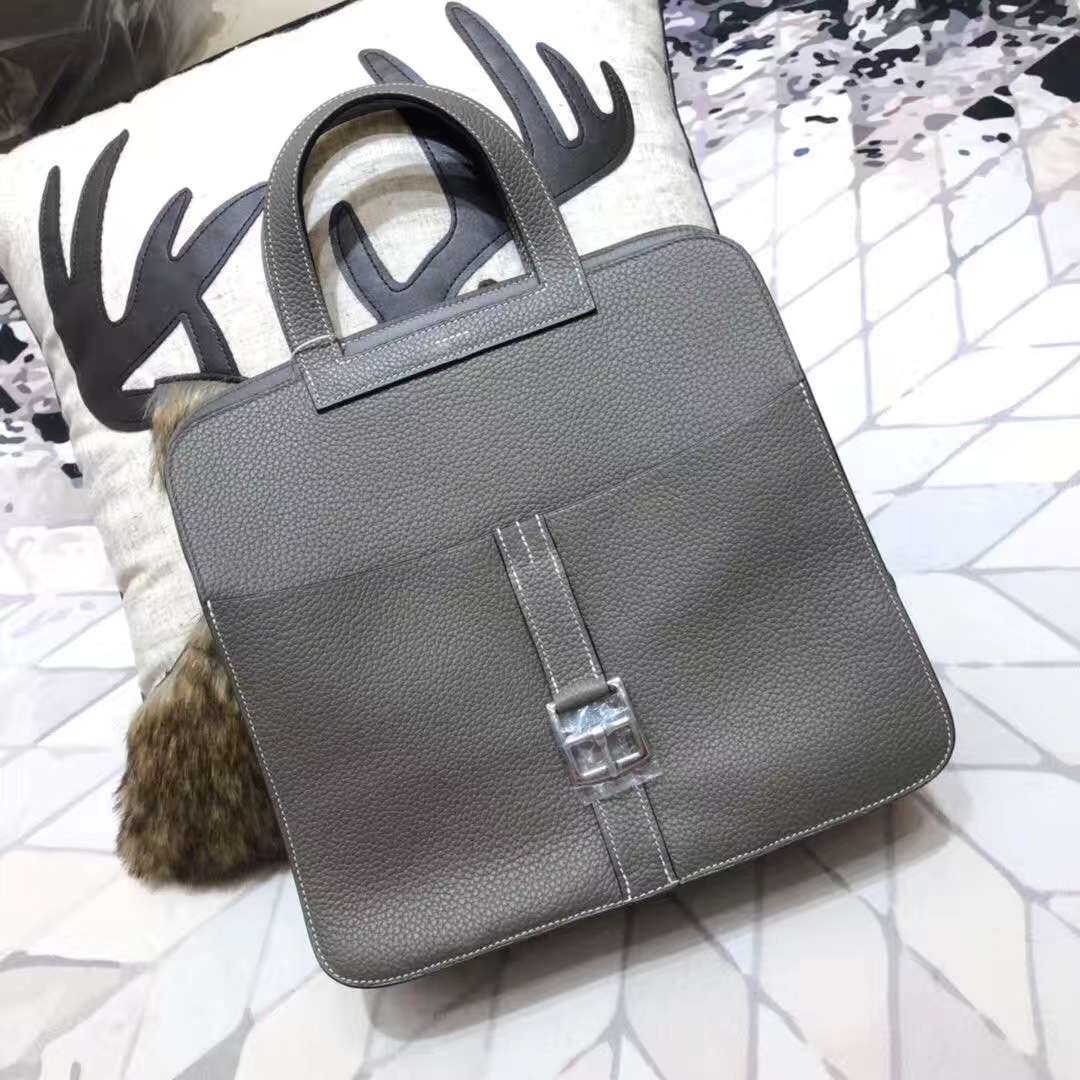 Hermes Halzan31CM 爱马仕锡器灰原厂Clemence牛皮手提斜挎女包