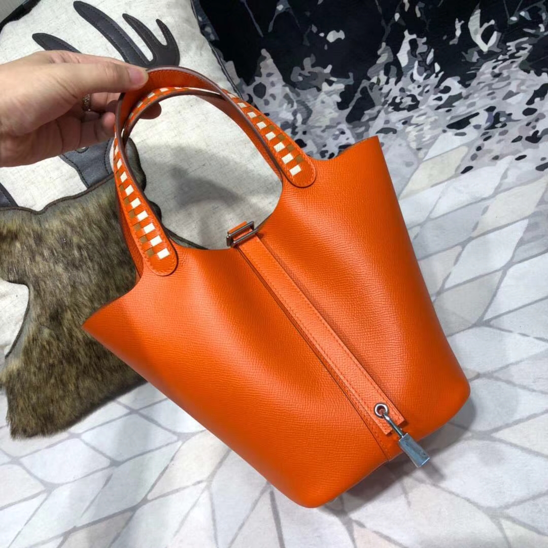 爱马仕篮子包 Hermes Picotin18CM 橙色Epsom牛皮 编织手柄水桶包