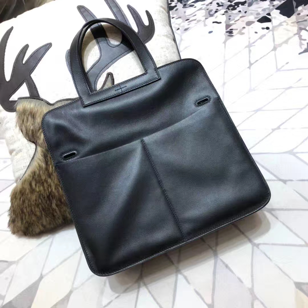 爱马仕包包官网 Hermes Halzan31CM 黑色原厂Swift牛皮手提包 银扣