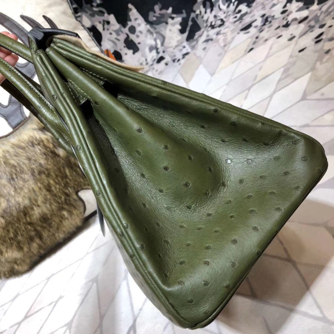 Hermes Birkin30CM 爱马仕V6丛林绿南非鸵鸟皮铂金包 金扣