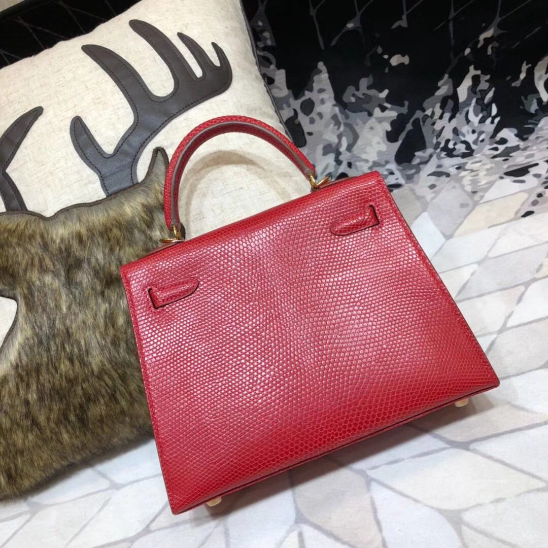 Hermes Kelly25CM 爱马仕大红色原厂蜥蜴皮外缝凯莉包 金扣
