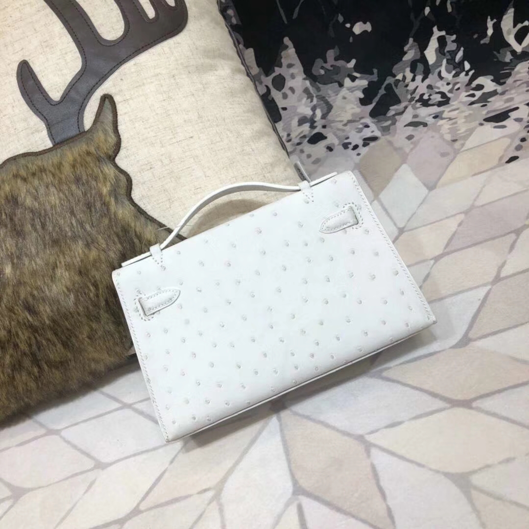 Hermes Minikelly22CM 爱马仕南非鸵鸟皮迷你凯莉包 纯白色 金扣
